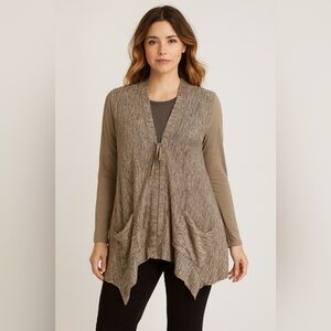 LOGO Lori Goldstein Sweater Womens L Cardigan Brown Zip Up Pockets Asymmetric